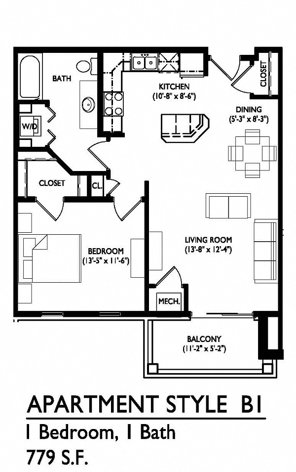 Floor plan for 1 bed, 1 bath, 779 sqft
